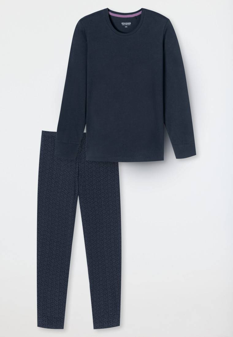 Schiesser Schlafanzug lang Bündchen nachtblau gemustert - Comfort Essentials Günstig kaufen