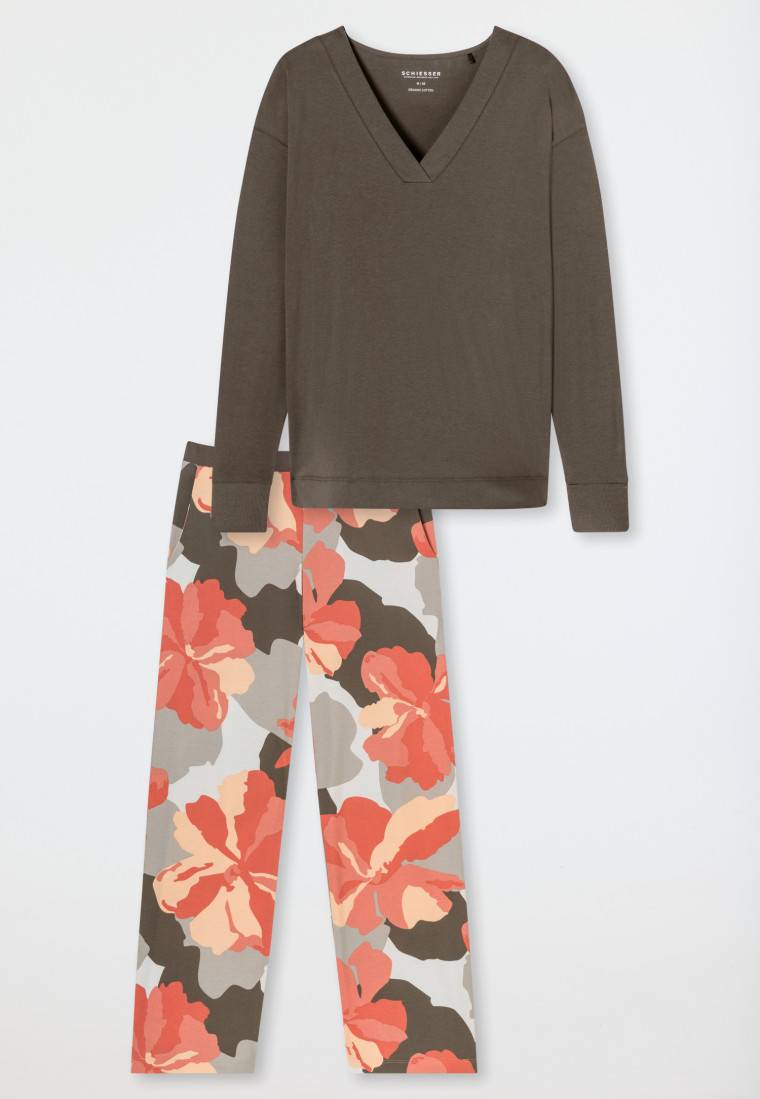 Schiesser Schlafanzug lang Interlock taupe bedruckt - Modern Nightwear Versandkostenfrei