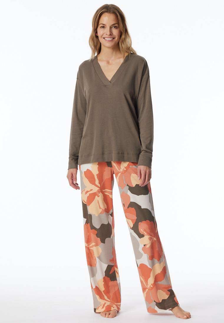Schiesser Schlafanzug lang Interlock taupe bedruckt - Modern Nightwear Versandkostenfrei