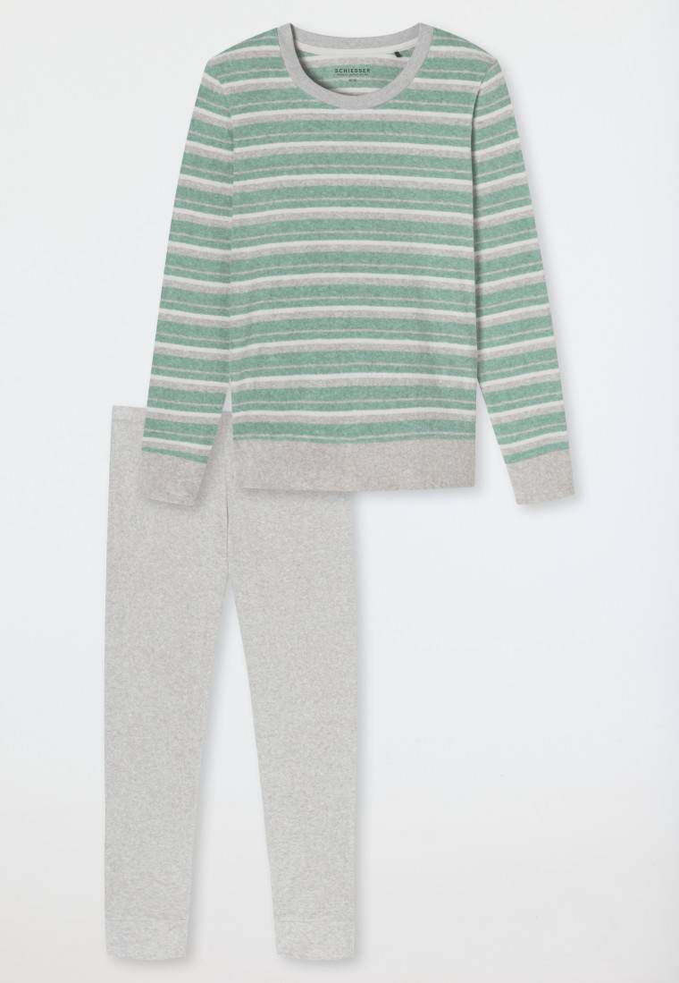 Schiesser Schlafanzug lang Frottee Bündchen Ringel grün-meliert - Casual Essentials Großer Ausverkauf
