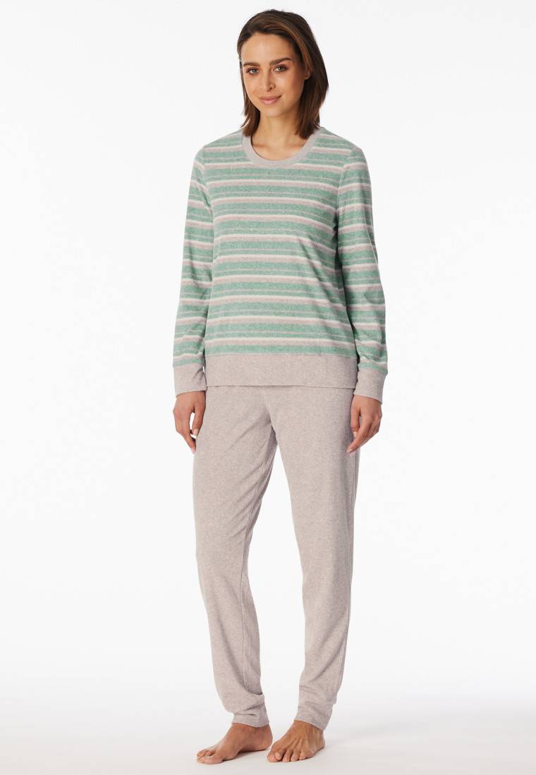 Schiesser Schlafanzug lang Frottee Bündchen Ringel grün-meliert - Casual Essentials Großer Ausverkauf