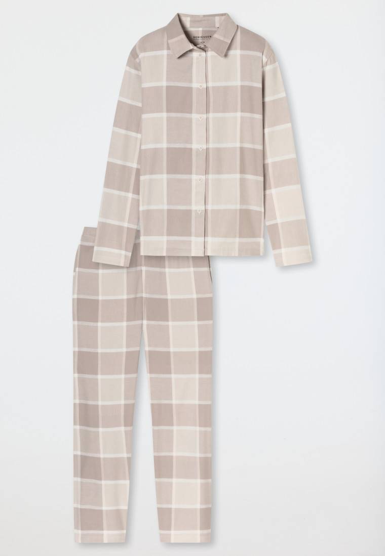 Schiesser Pyjama lang Flanell beige kariert - Selected Premium Warming Valentinstagsangebot