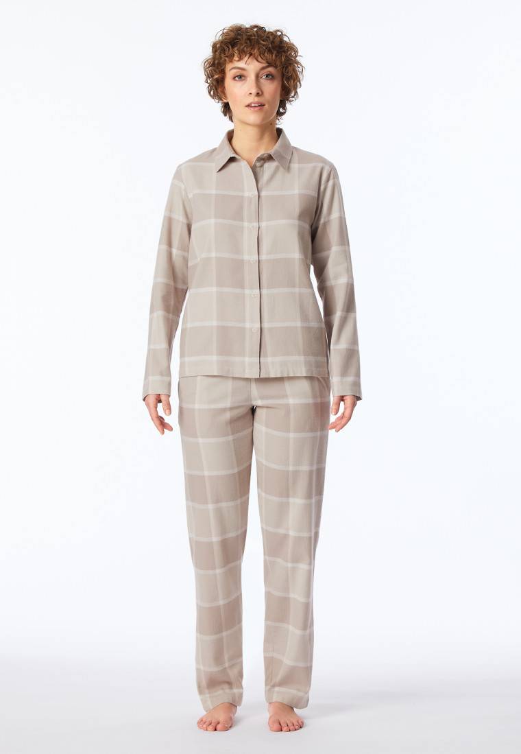 Schiesser Pyjama lang Flanell beige kariert - Selected Premium Warming Valentinstagsangebot