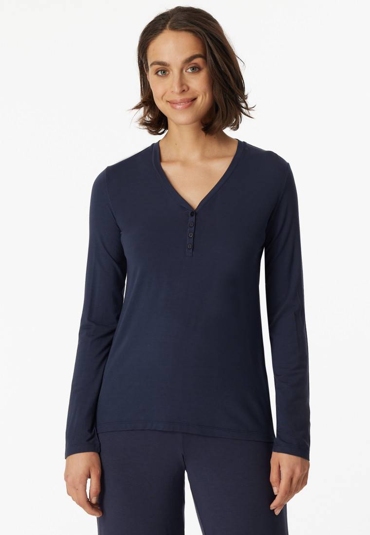 Schiesser Shirt langarm Modal V-Ausschnitt Knopfleiste blau - Mix+Relax Hotsell