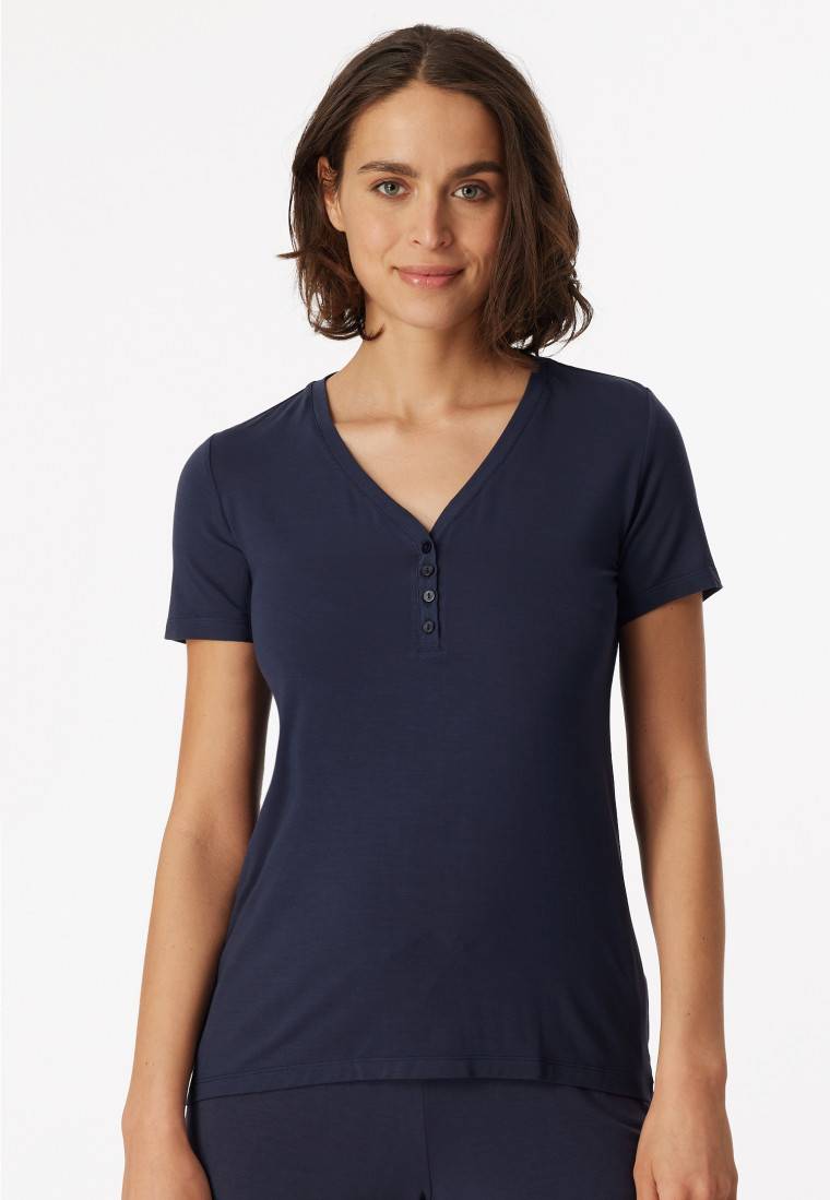Schiesser Shirt kurzarm Henley Knopfleiste blau - Mix+Relax Blitzverkäufe