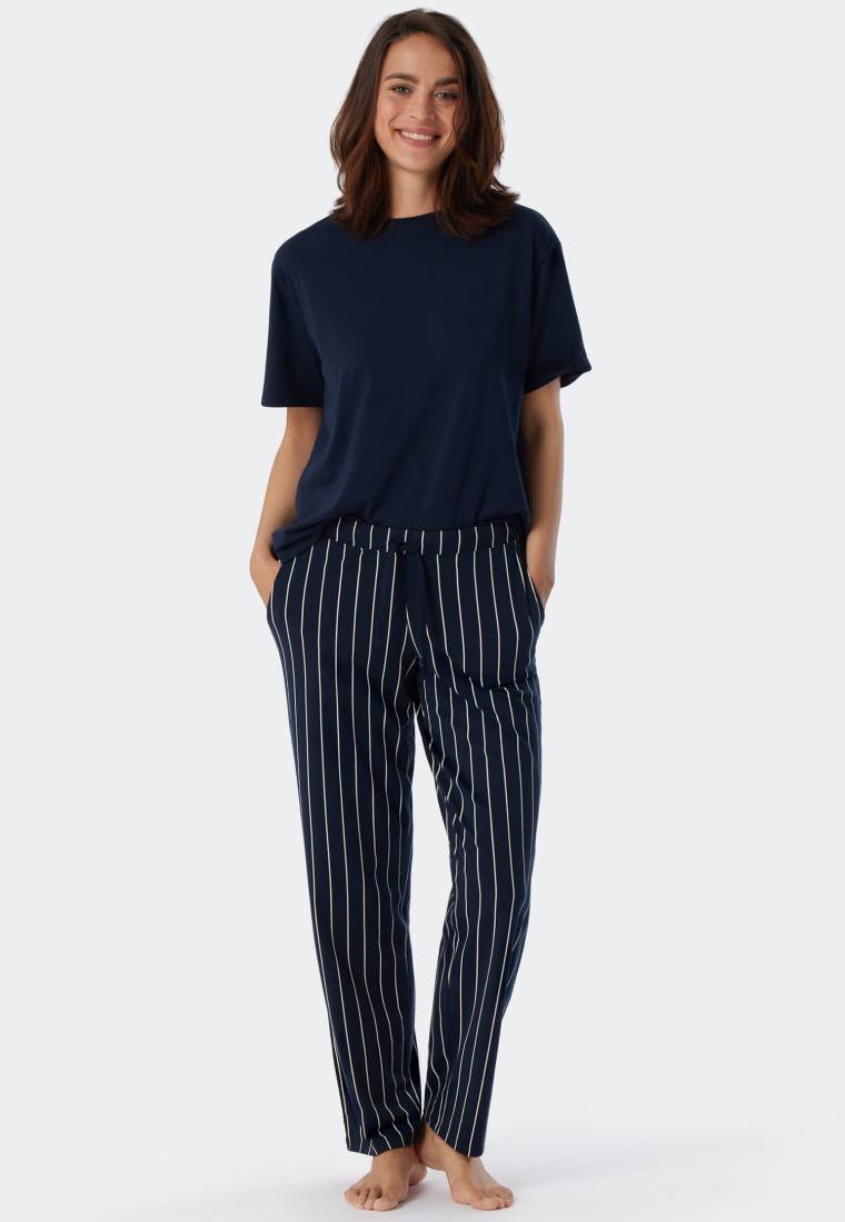 Schiesser Loungehose lang Jersey Streifen dunkelblau gemustert - Mix+Relax Neuheiten