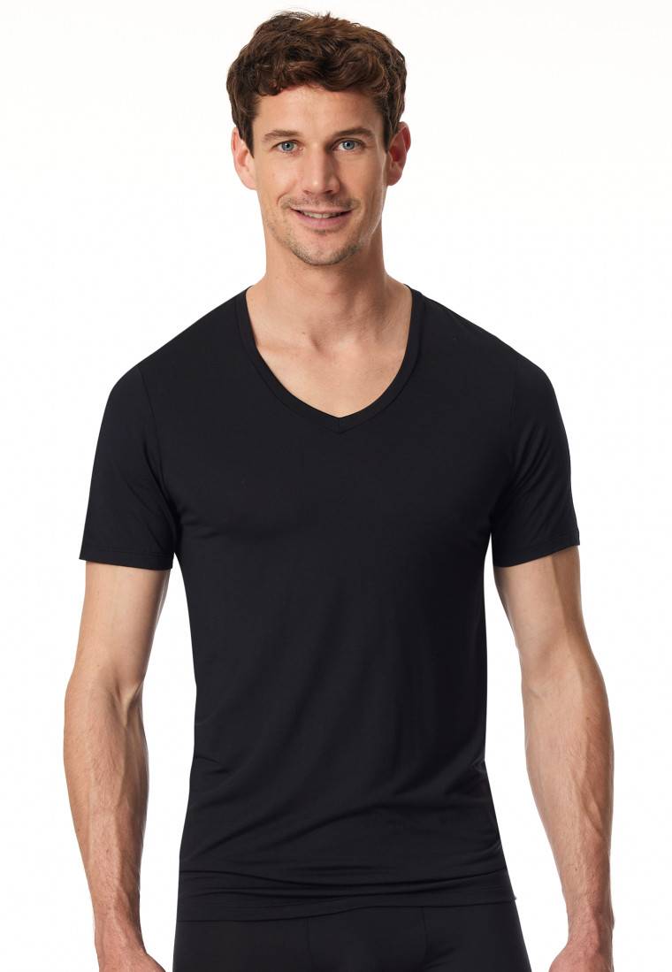 Schiesser Shirt kurzarm V-Ausschnitt schwarz - Premium Modal Kostenloser Versand international