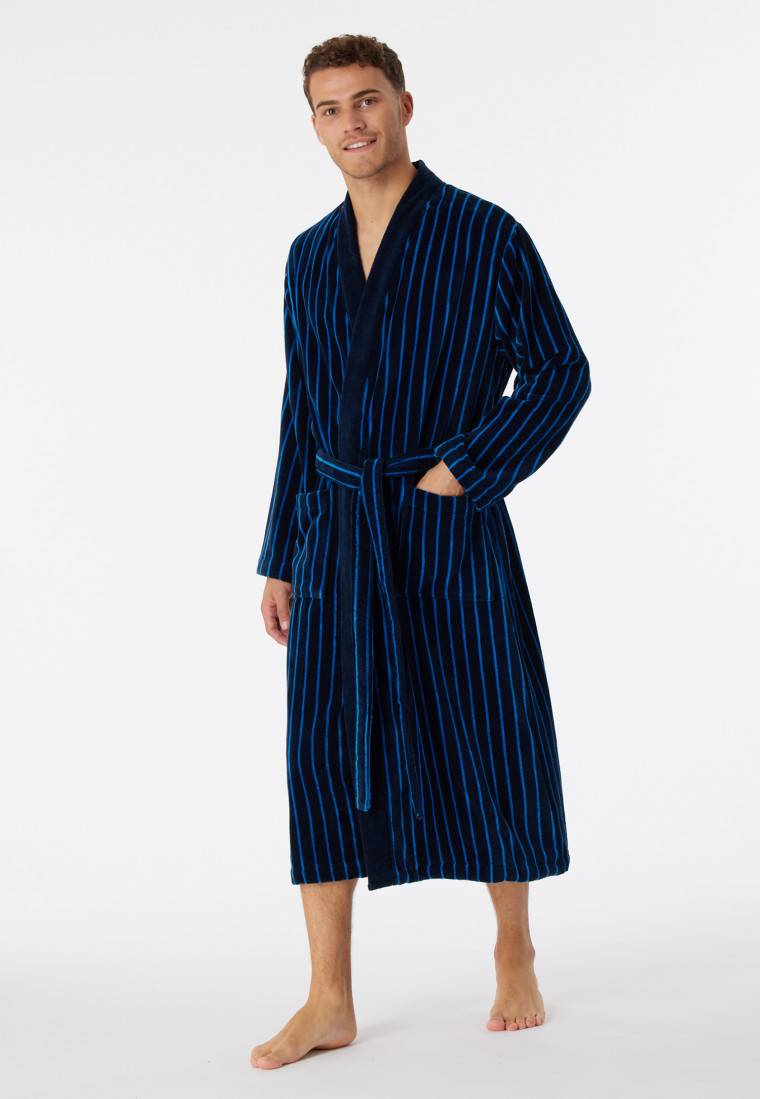 Schiesser Bademantel Softvelours dunkelblau gestreift - Essentials Blitzverkäufe