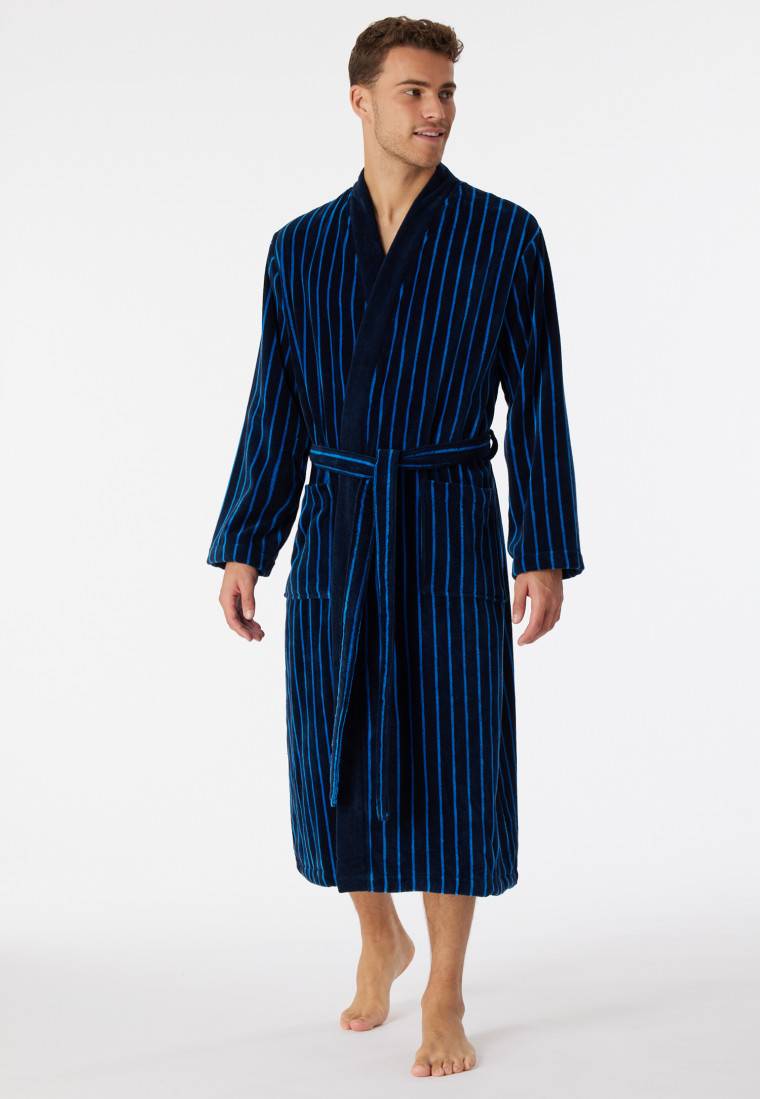 Schiesser Bademantel Softvelours dunkelblau gestreift - Essentials Blitzverkäufe