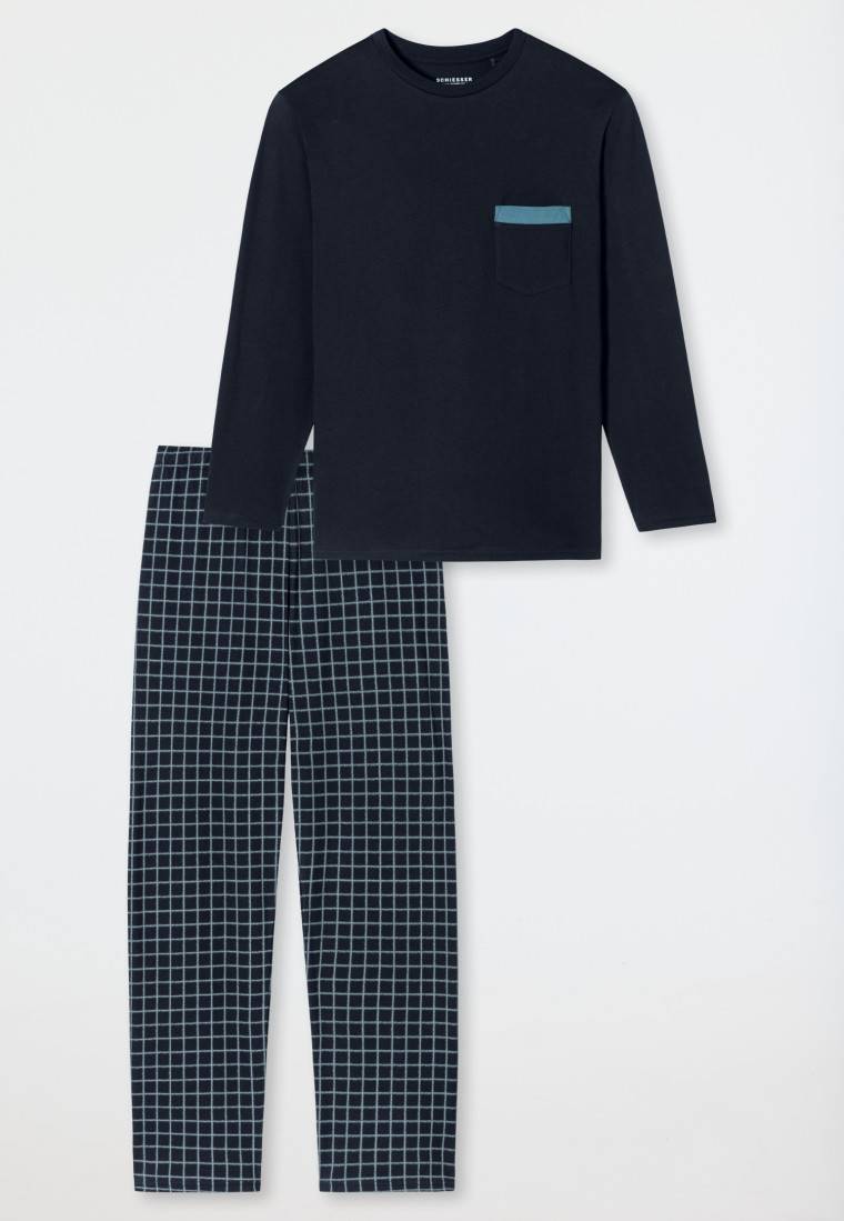 Schiesser Schlafanzug lang Organic Cotton Karos nachtblau - Comfort Nightwear Kostenlose Rückgabe