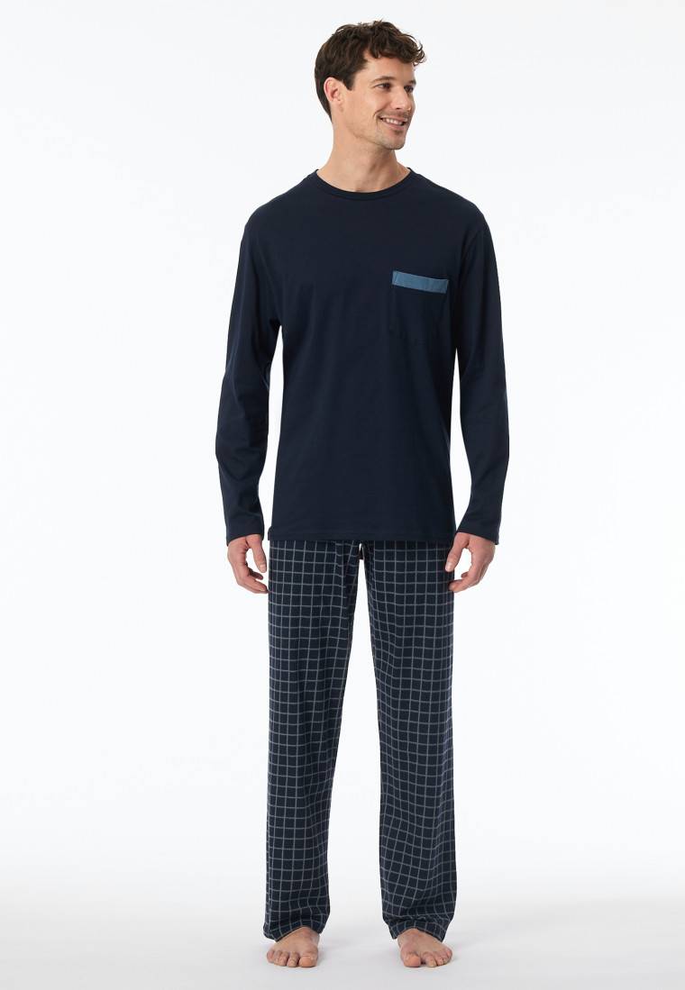 Schiesser Schlafanzug lang Organic Cotton Karos nachtblau - Comfort Nightwear Kostenlose Rückgabe