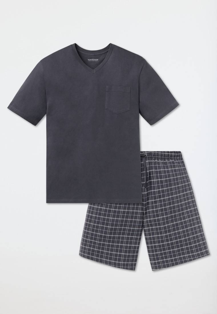 Schiesser Schlafanzug kurz Jersey V-Ausschnitt grau - Ebony Letzte 3 Tage