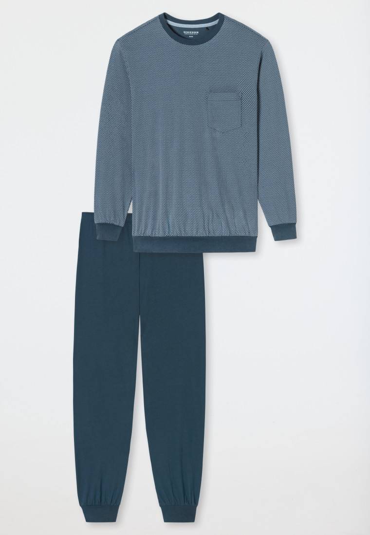Schiesser Schlafanzug lang Bündchen Brusttasche blaugrau gemustert - Comfort Essentials JETZT KAUFEN