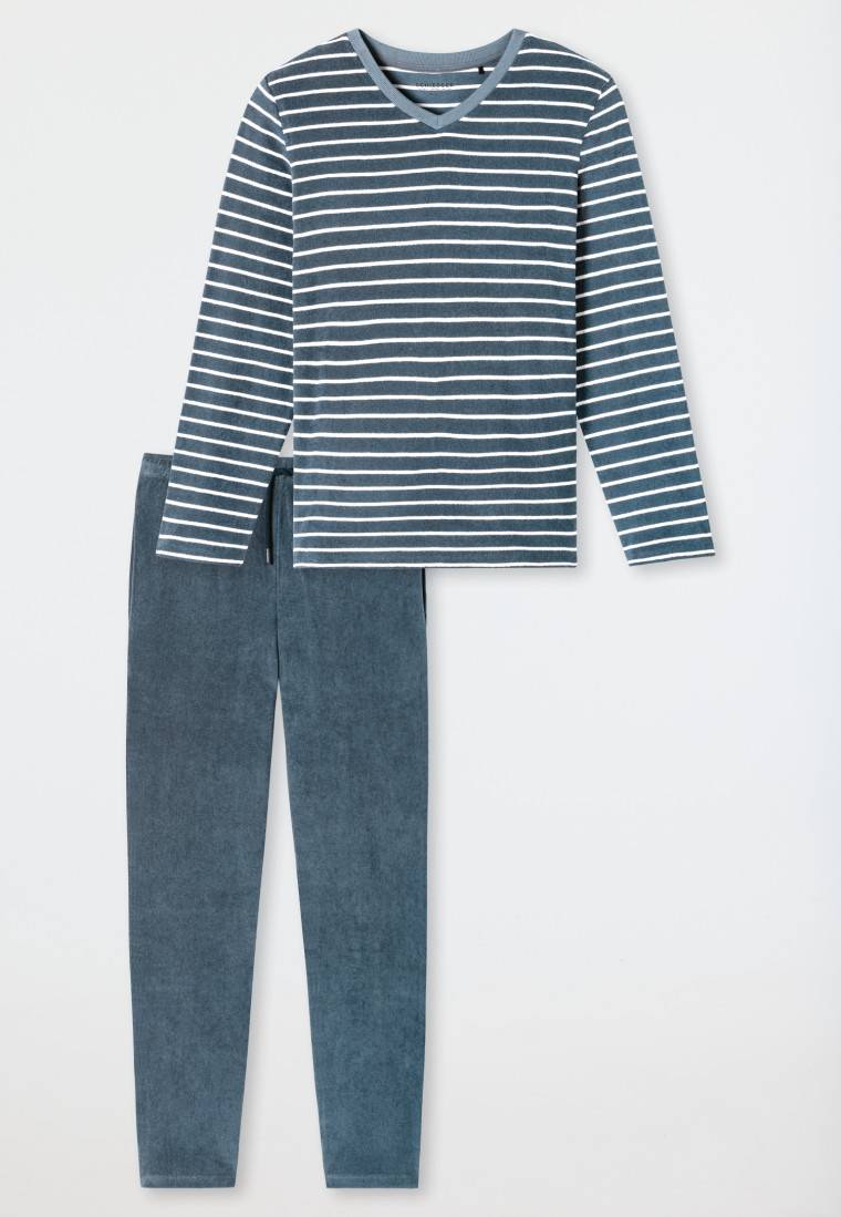 Schiesser Schlafanzug lang Frottee Streifen jeansblau - Casual Nightwear Bis zu 50% Rabatt