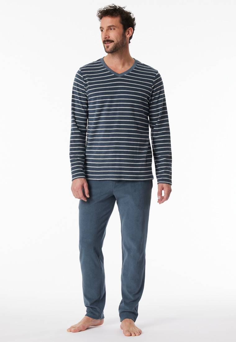 Schiesser Schlafanzug lang Frottee Streifen jeansblau - Casual Nightwear Bis zu 50% Rabatt