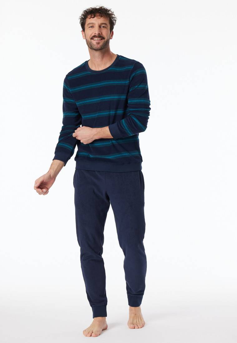 Schiesser Schlafanzug lang Frottee Bündchen Streifen petrol - Casual Nightwear Sonderangebot der Fabrik