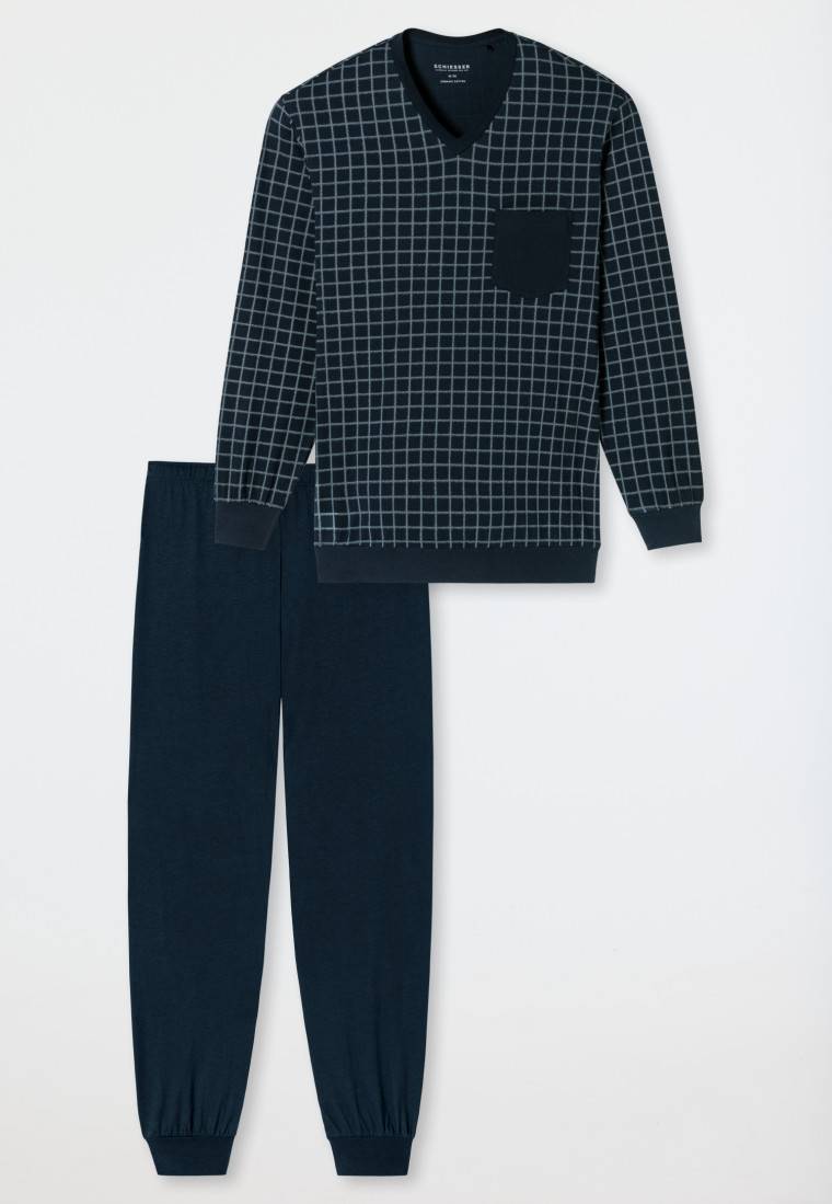 Schiesser Schlafanzug lang Bündchen jeansblau kariert - Comfort Nightwear Nur noch ein Tag übrig
