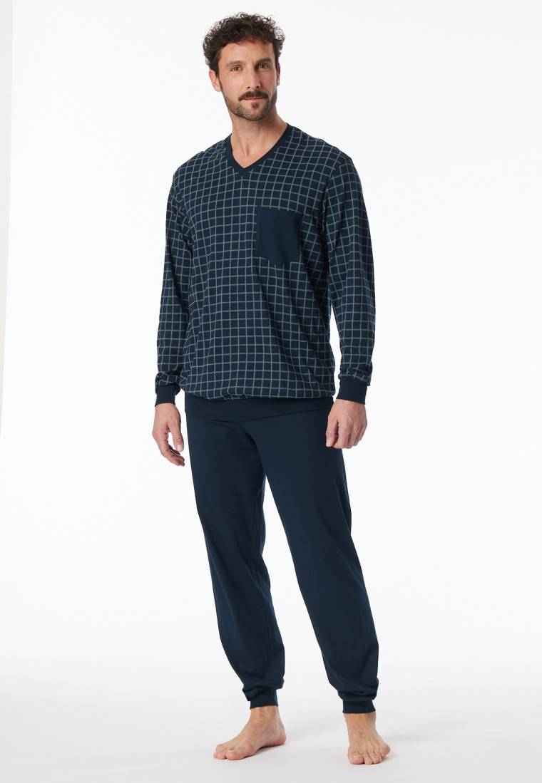 Schiesser Schlafanzug lang Bündchen jeansblau kariert - Comfort Nightwear Nur noch ein Tag übrig