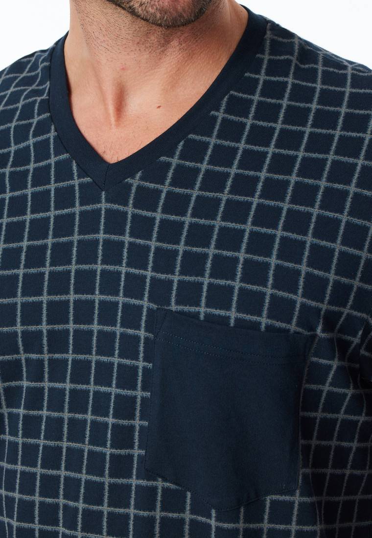 Schiesser Schlafanzug lang Bündchen jeansblau kariert - Comfort Nightwear Nur noch ein Tag übrig