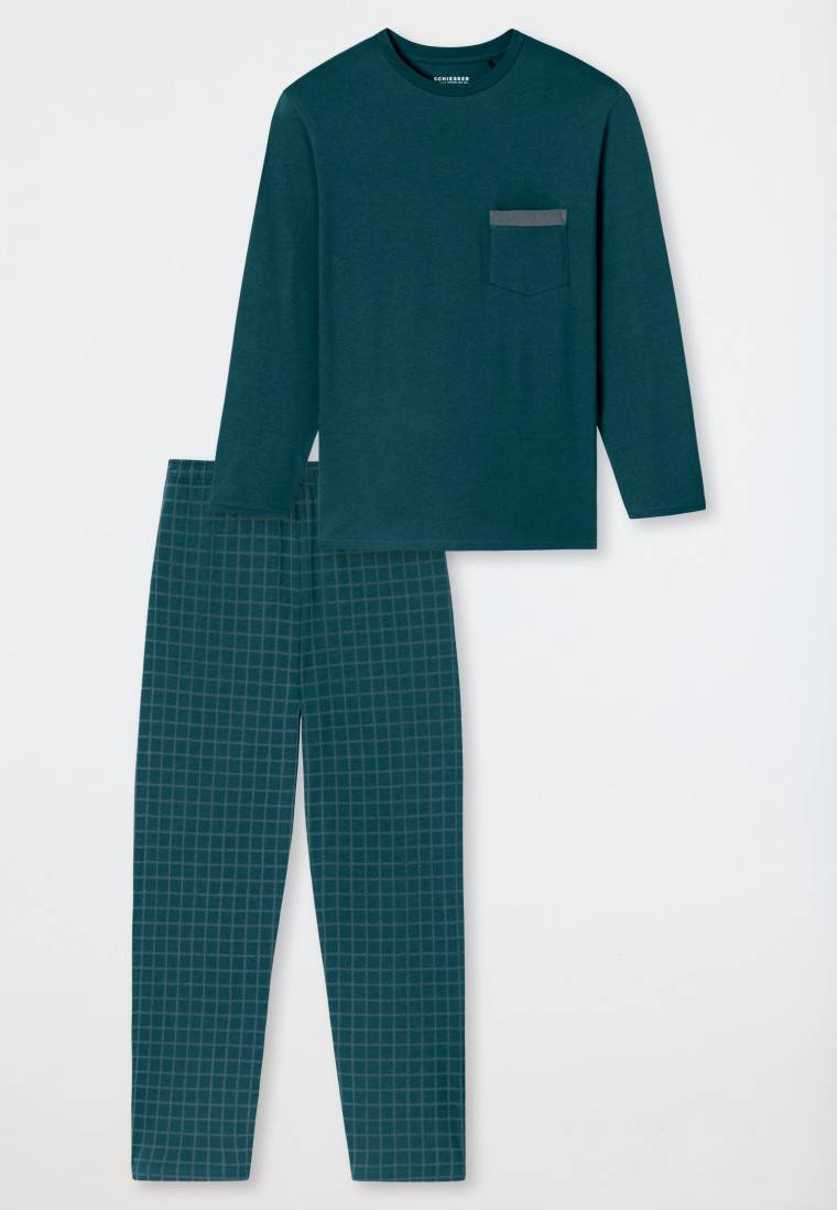 Schiesser Schlafanzug lang Organic Cotton Karos petrol - Comfort Nightwear Clearance-Verkauf