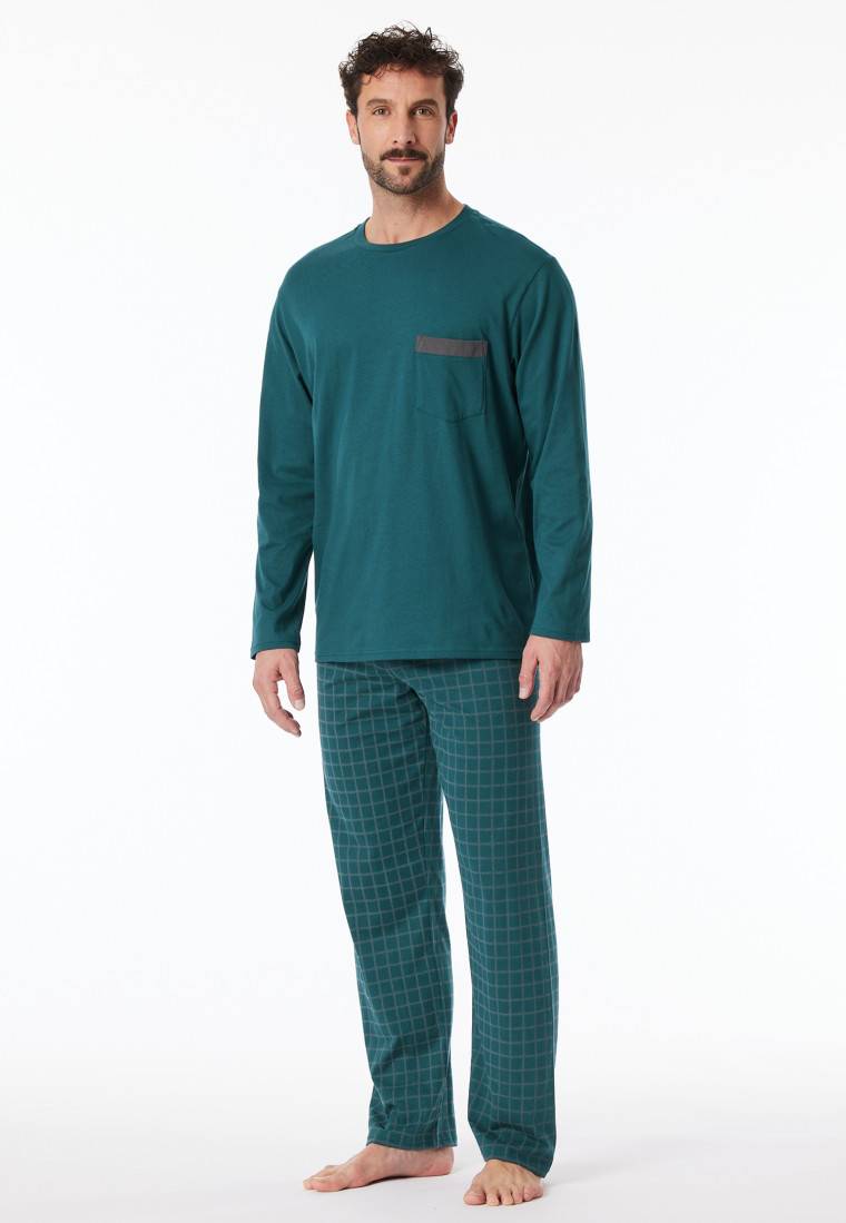 Schiesser Schlafanzug lang Organic Cotton Karos petrol - Comfort Nightwear Clearance-Verkauf