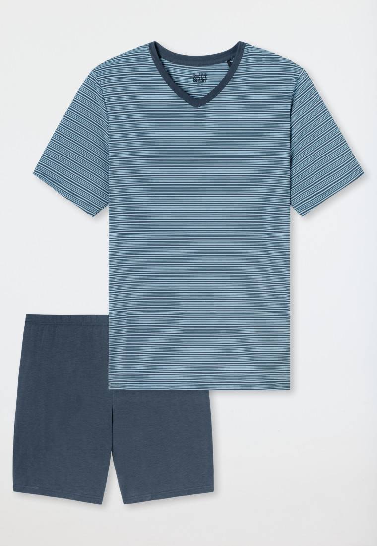 Schiesser Schlafanzug kurz Ringel V-Ausschnitt jeansblau - Long Life Soft Fabrikladen