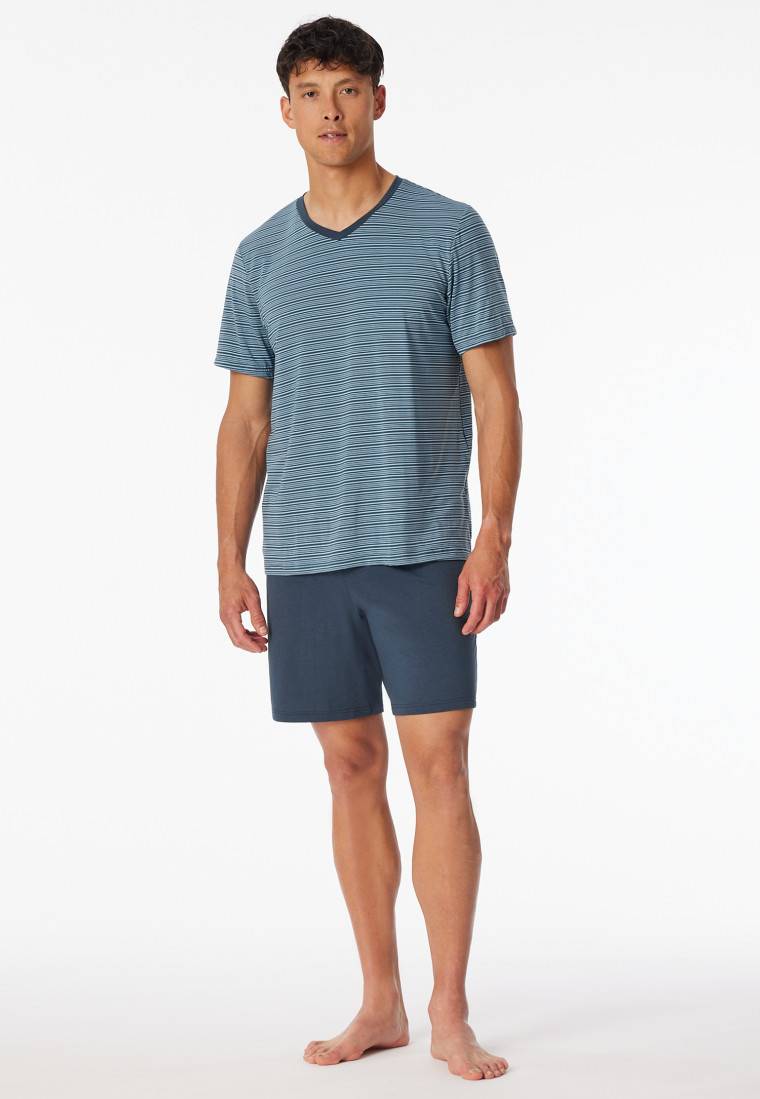 Schiesser Schlafanzug kurz Ringel V-Ausschnitt jeansblau - Long Life Soft Fabrikladen