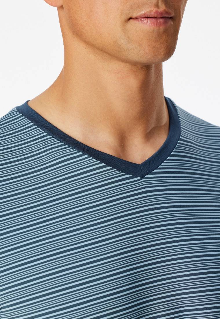 Schiesser Schlafanzug kurz Ringel V-Ausschnitt jeansblau - Long Life Soft Fabrikladen