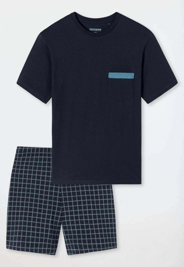Schiesser Schlafanzug kurz Organic Cotton Karos nachtblau - Comfort Nightwear Rabatte dieses Monats