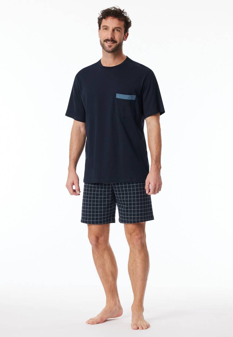 Schiesser Schlafanzug kurz Organic Cotton Karos nachtblau - Comfort Nightwear Rabatte dieses Monats