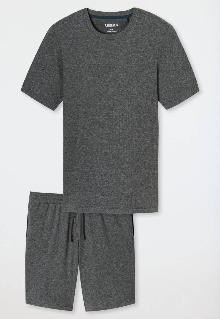 Schiesser Schlafanzug Doppelripp kurz dunkelgrau meliert - Modern Nightwear Auslauf