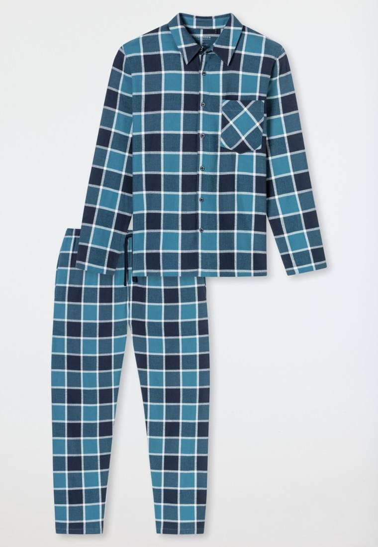 Schiesser Pyjama Webware Flanell jeansblau kariert - Selected Premium Warming Verkauf