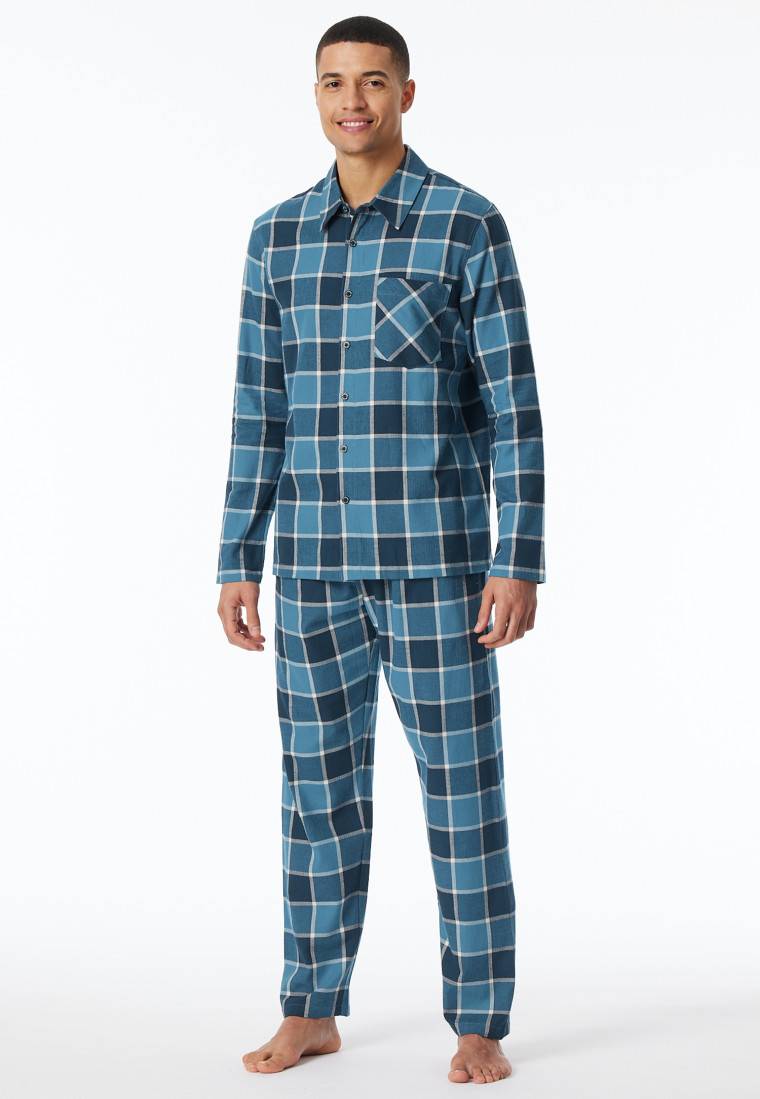Schiesser Pyjama Webware Flanell jeansblau kariert - Selected Premium Warming Verkauf