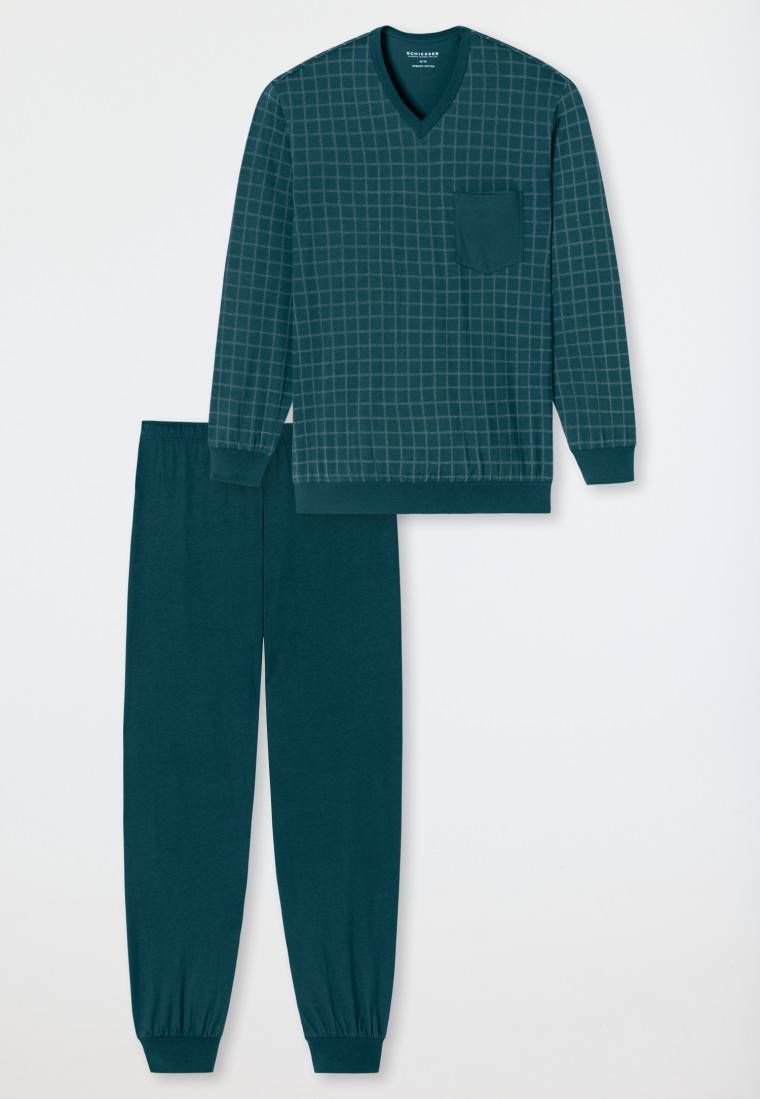 Schiesser Schlafanzug lang Bündchen petrol kariert - Comfort Nightwear Schlussverkauf