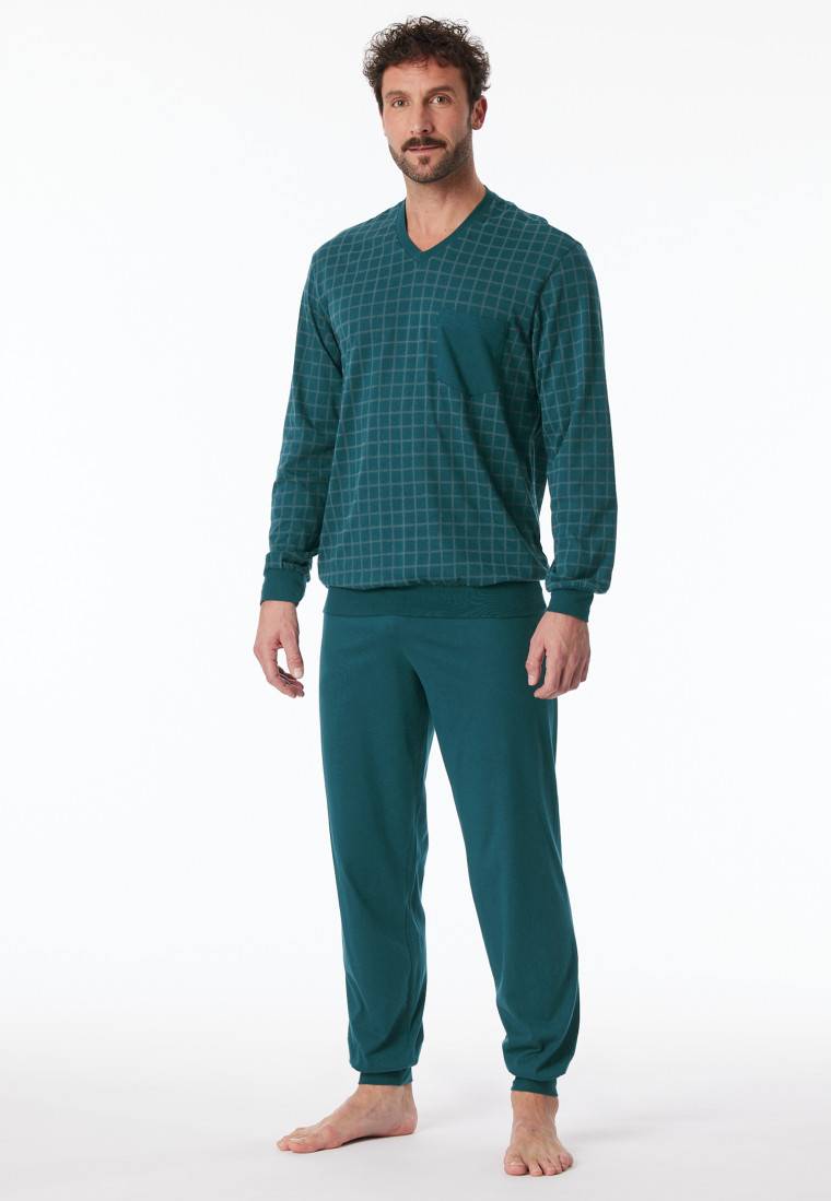 Schiesser Schlafanzug lang Bündchen petrol kariert - Comfort Nightwear Schlussverkauf