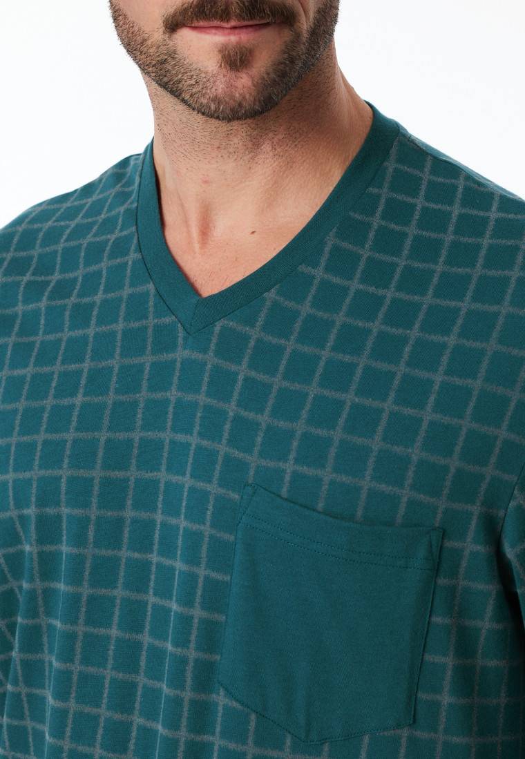 Schiesser Schlafanzug lang Bündchen petrol kariert - Comfort Nightwear Schlussverkauf