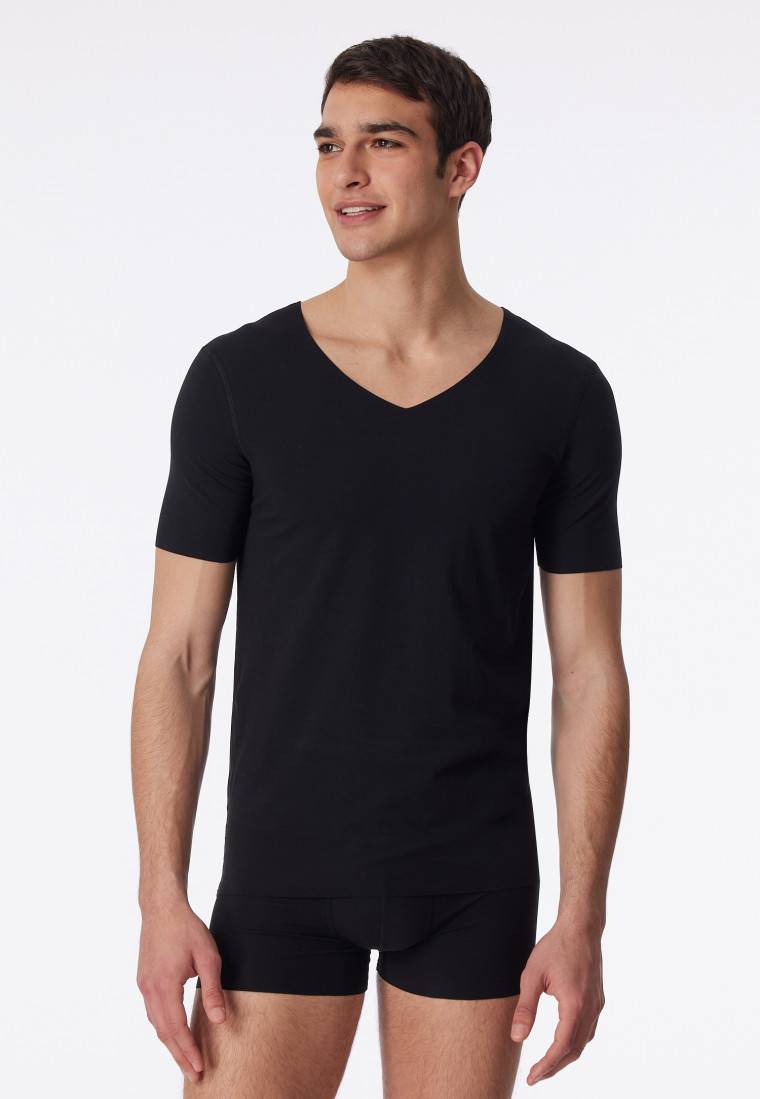 Schiesser Shirt Interlock seamless kurzarm V-Ausschnitt schwarz - Laser Cut Räumungsverkauf