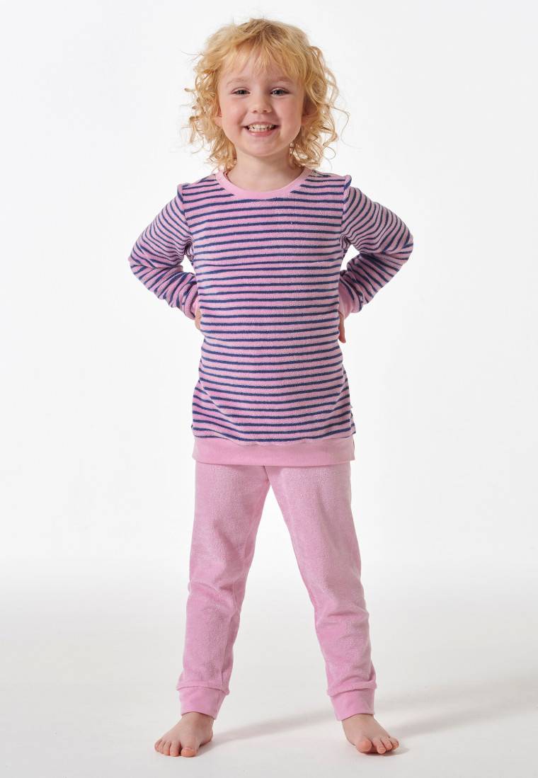 Schiesser Schlafanzug lang Frottee Bündchen Ringel rosé - Girls World Im Verkauf