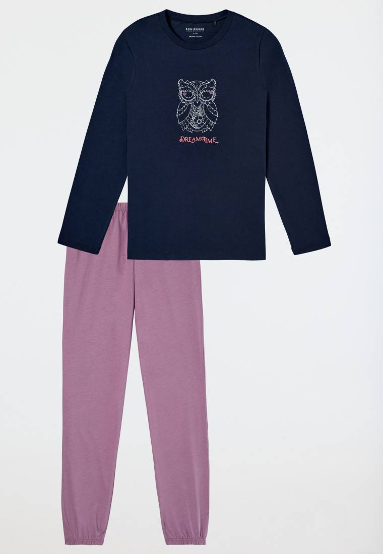 Schiesser Schlafanzug lang Bündchen Eule nachtblau - Nightwear 50% Rabatt für begrenzte Zeit