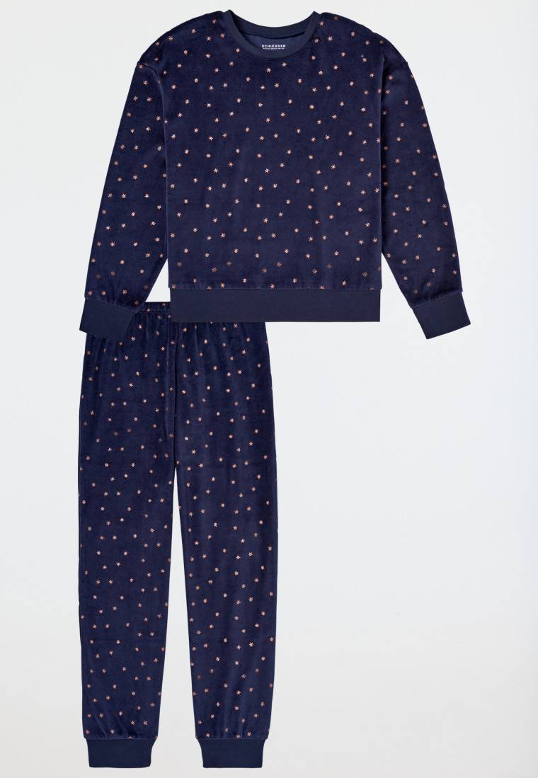 Schiesser Schlafanzug lang Velour Sterne nachtblau - Nightwear Rabatte dieses Monats