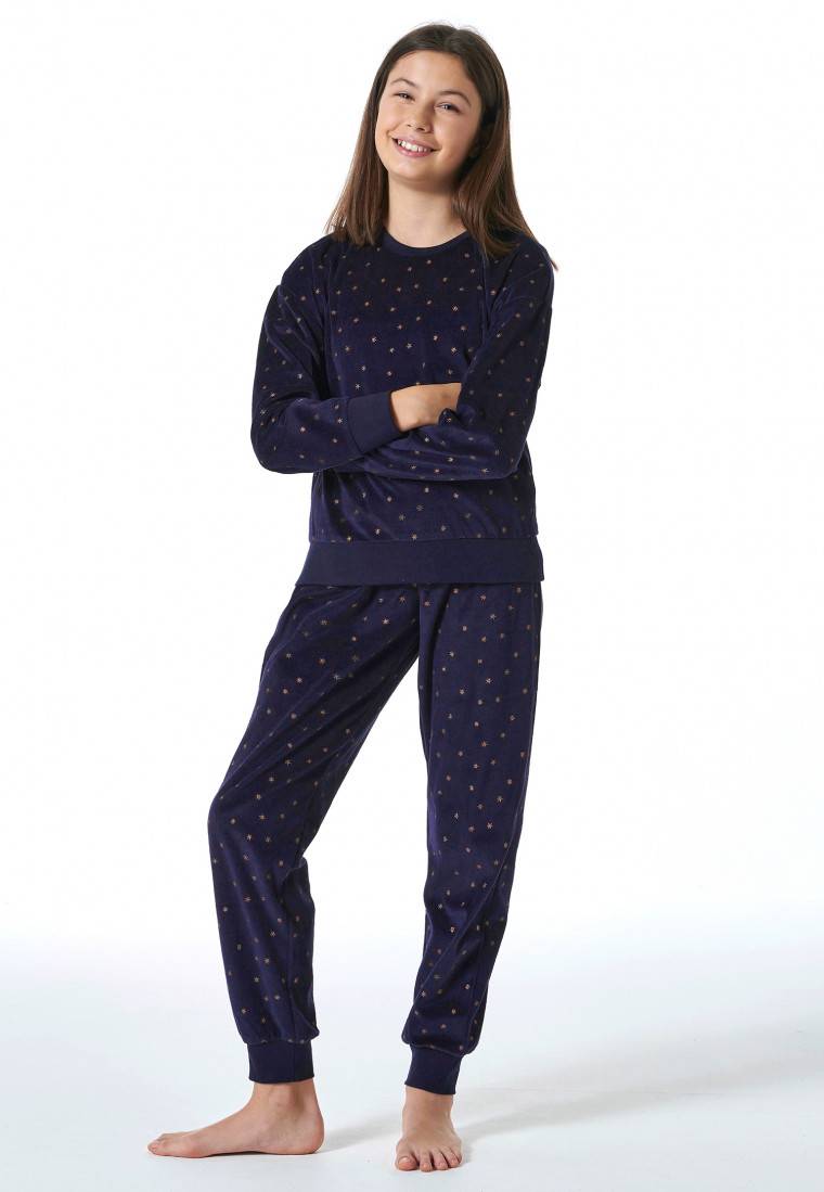 Schiesser Schlafanzug lang Velour Sterne nachtblau - Nightwear Rabatte dieses Monats