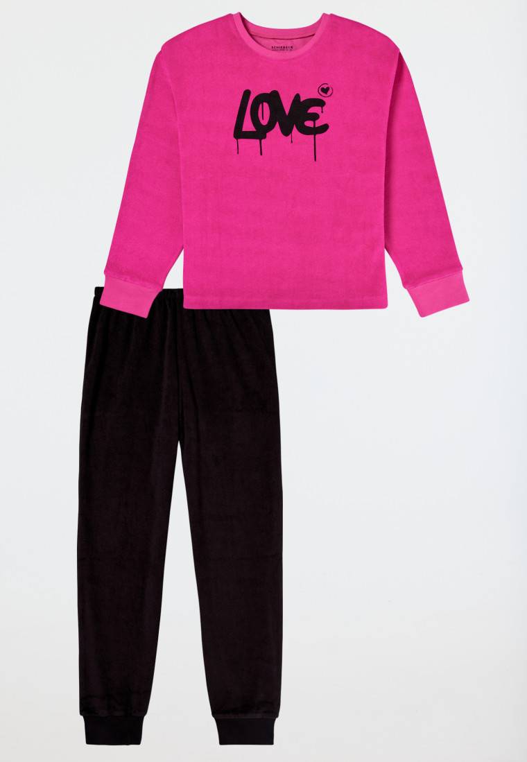 Schiesser Schlafanzug lang Frottee Bündchen Love pink - Nightwear Outlet