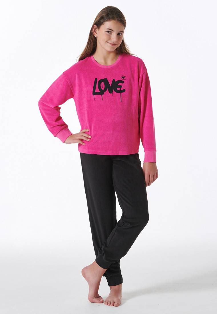 Schiesser Schlafanzug lang Frottee Bündchen Love pink - Nightwear Outlet