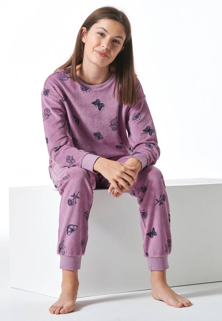 Schiesser Schlafanzug lang Frottee Bündchen Schmetterlinge mauve - Nightwear Verkauf