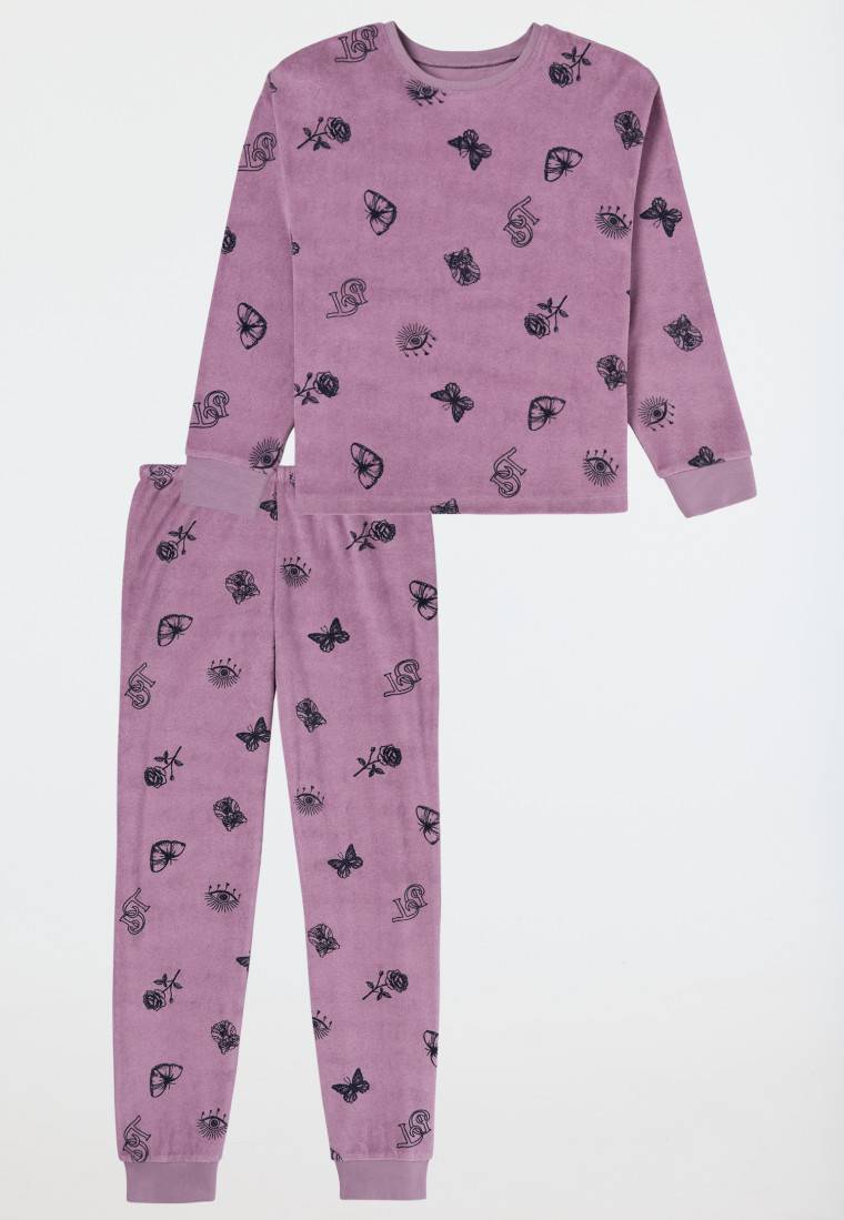 Schiesser Schlafanzug lang Frottee Bündchen Schmetterlinge mauve - Nightwear Verkauf