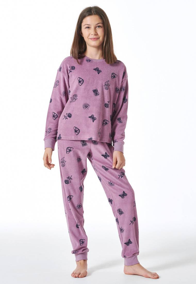Schiesser Schlafanzug lang Frottee Bündchen Schmetterlinge mauve - Nightwear Verkauf
