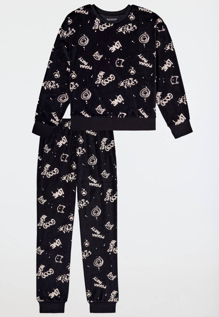 Schiesser Schlafanzug lang Velour Graffiti schwarz - Nightwear Sonderangebot