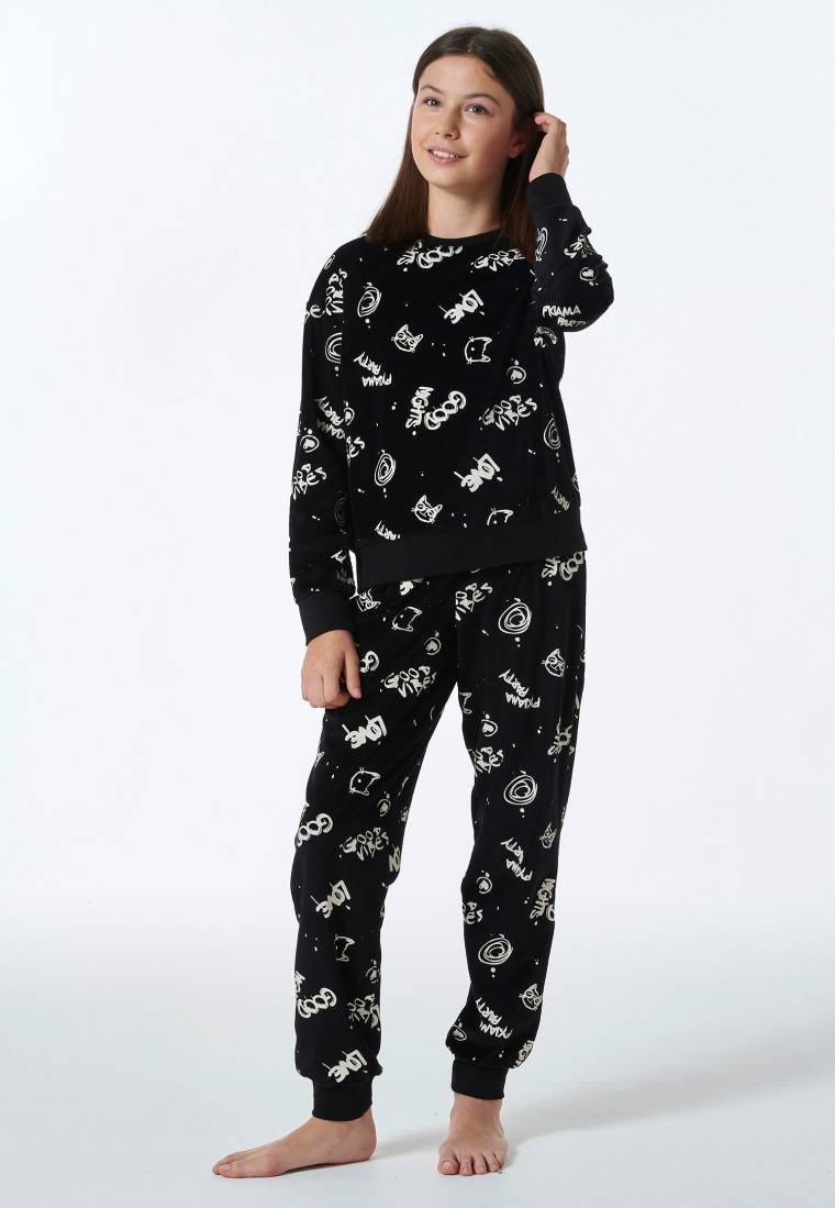 Schiesser Schlafanzug lang Velour Graffiti schwarz - Nightwear Sonderangebot