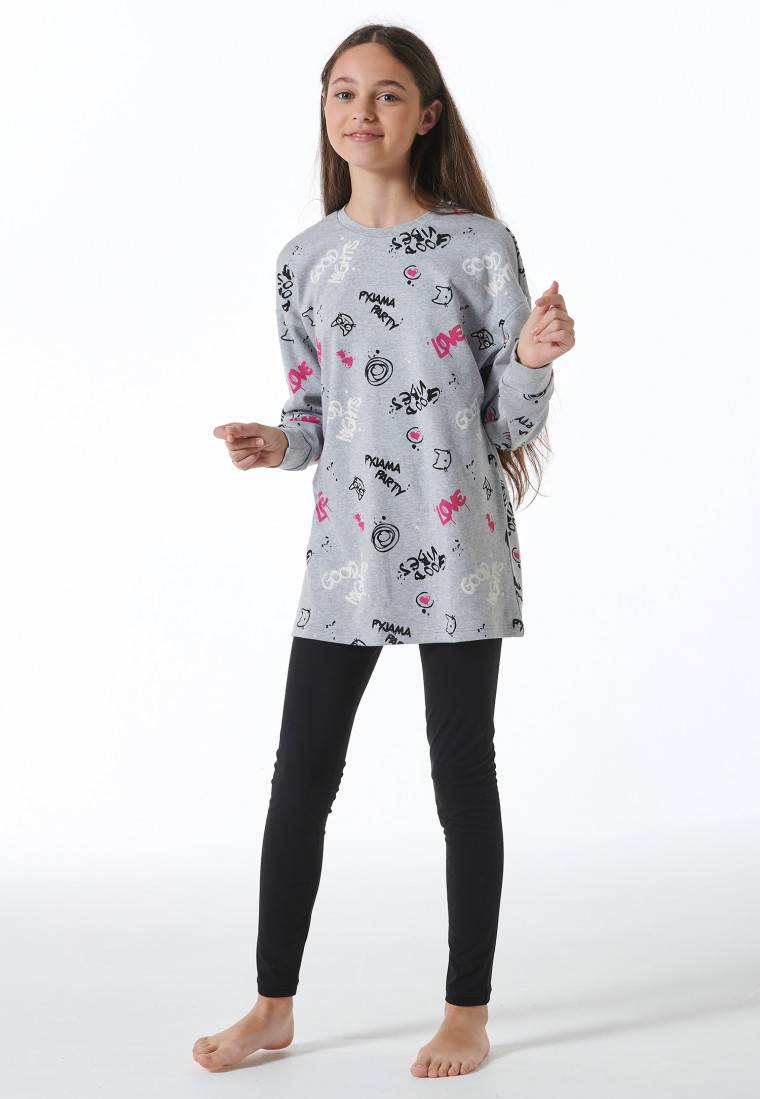 Schiesser Schlafanzug lang Interlock Shirt mit Leggings Graffiti grau-meliert - Nightwear Flash Sale