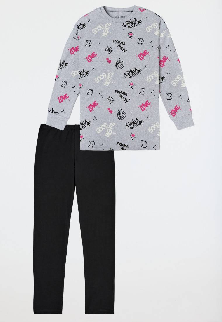 Schiesser Schlafanzug lang Interlock Shirt mit Leggings Graffiti grau-meliert - Nightwear Flash Sale